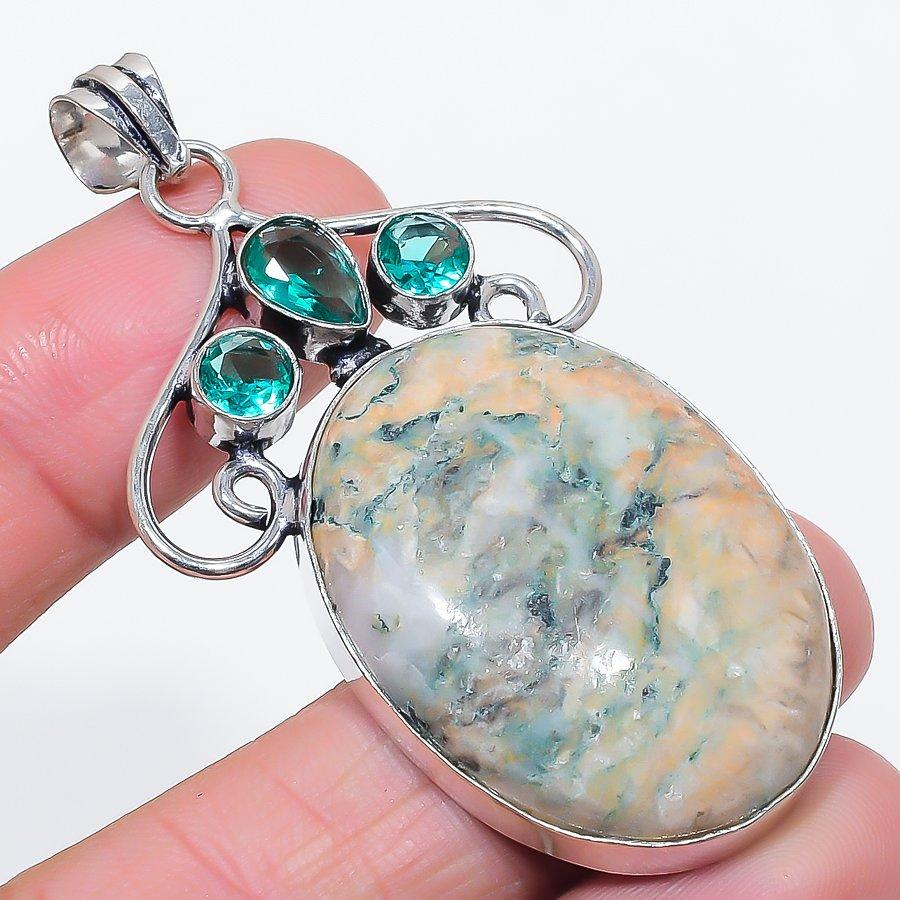 Natural Mariposite, Green Topaz 925 Sterling Silver Jewelry Pendant 2.56" U4U30