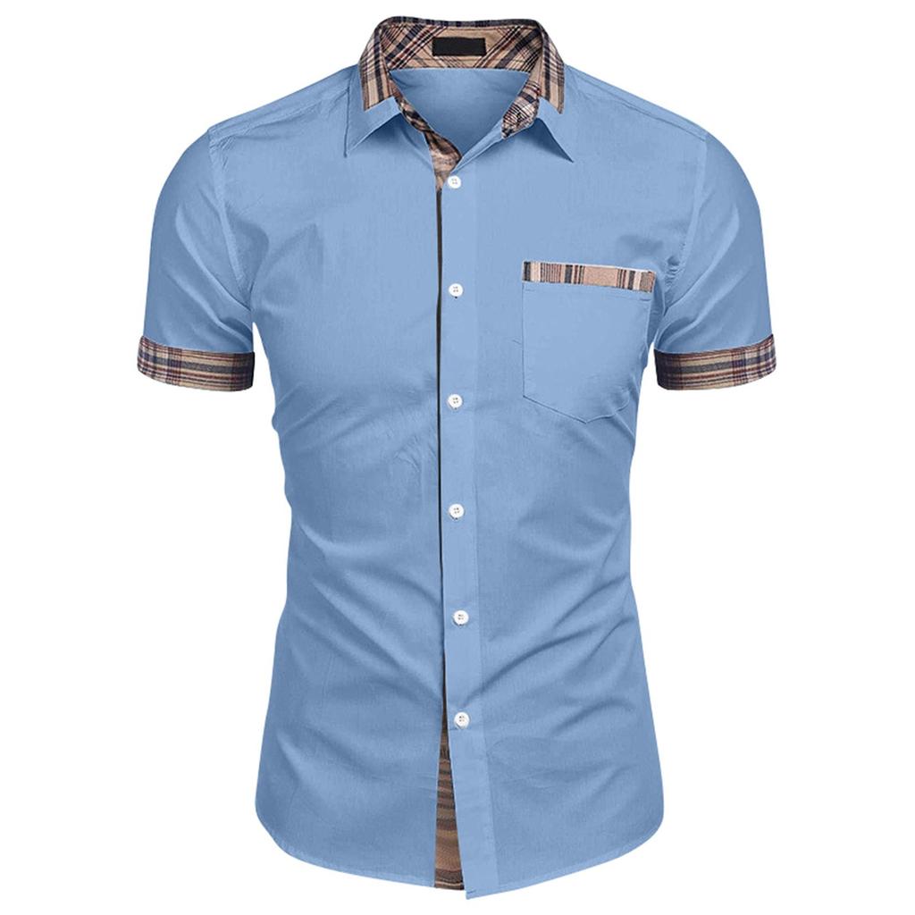 Men's Casual Short Sleeve Shirt Button Down with Plaid Trim Collar and Pocket Detail Lightweight Breathable Summer Shirt for Everyday Wear