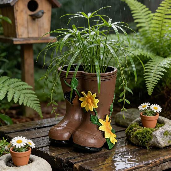 Small Rain Boots Planter Pot Rustic Cute Boot Flower Pot with Drainage Hole for Succulents Herb Flowers Decorative Table Centerpiece for Mom