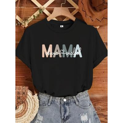 Damen personalisiertes Mama Custom Name Familien T-Shirt Rundhals Lässig Ganzjahres Muttertagsgeschenk Andenken Tee