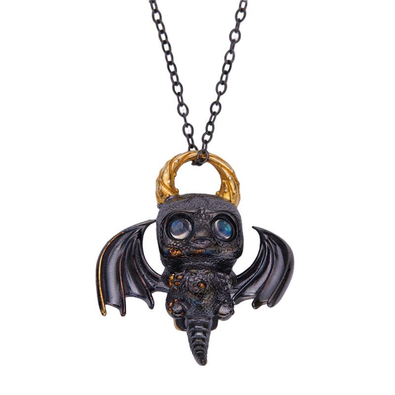 

S925 Sterling Silver Black Bat Demon Pendant Unisex Natural Moonstone Necklace Personalized Exaggerated Jewelry