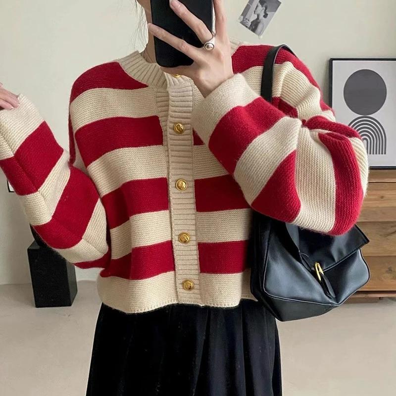 Women Spring Autumn Sweaters O-neck Stripe Knitted Cardigan Fashion Long Sleeve Casual Short Tops Oversized Sweater