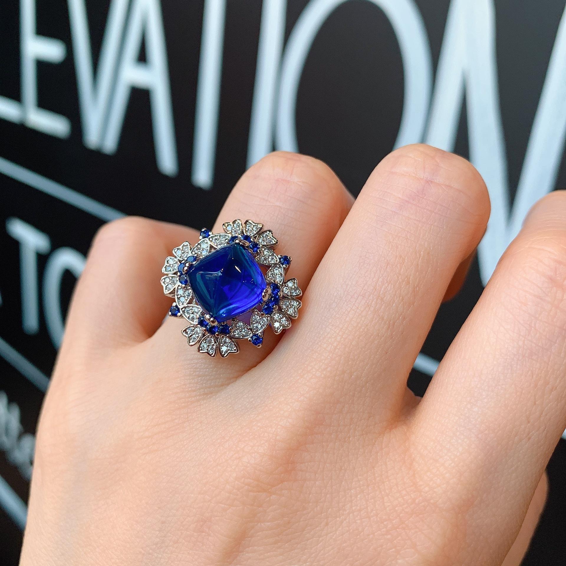 Tiktok Cross Border Contrast Zircon Ring Micro Set Sapphire Emerald Ruby Fashion Adjustable