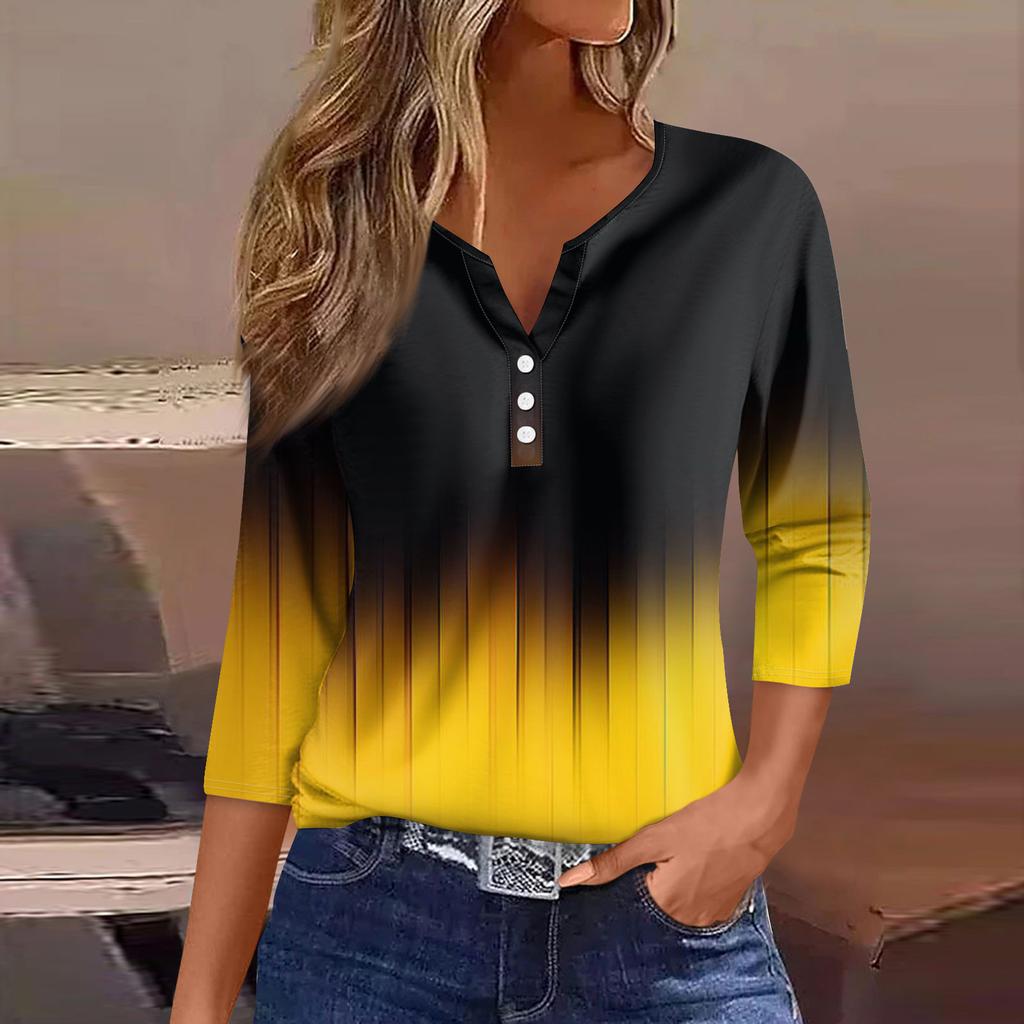 Women's Fashion Casual Printed V-Neck Seven Sleeve Button Down T-Shirt Top