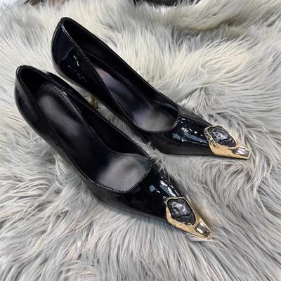 Fashion Black Golden Patchwork Women Sandals High Heel Patent Leather Square Toe Slip On Stiletto Cover Heel Luxury Summer Dress Shoes