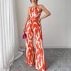 Mono de mujer versátil con cinturón de corbata, estampado, pierna ancha, halter