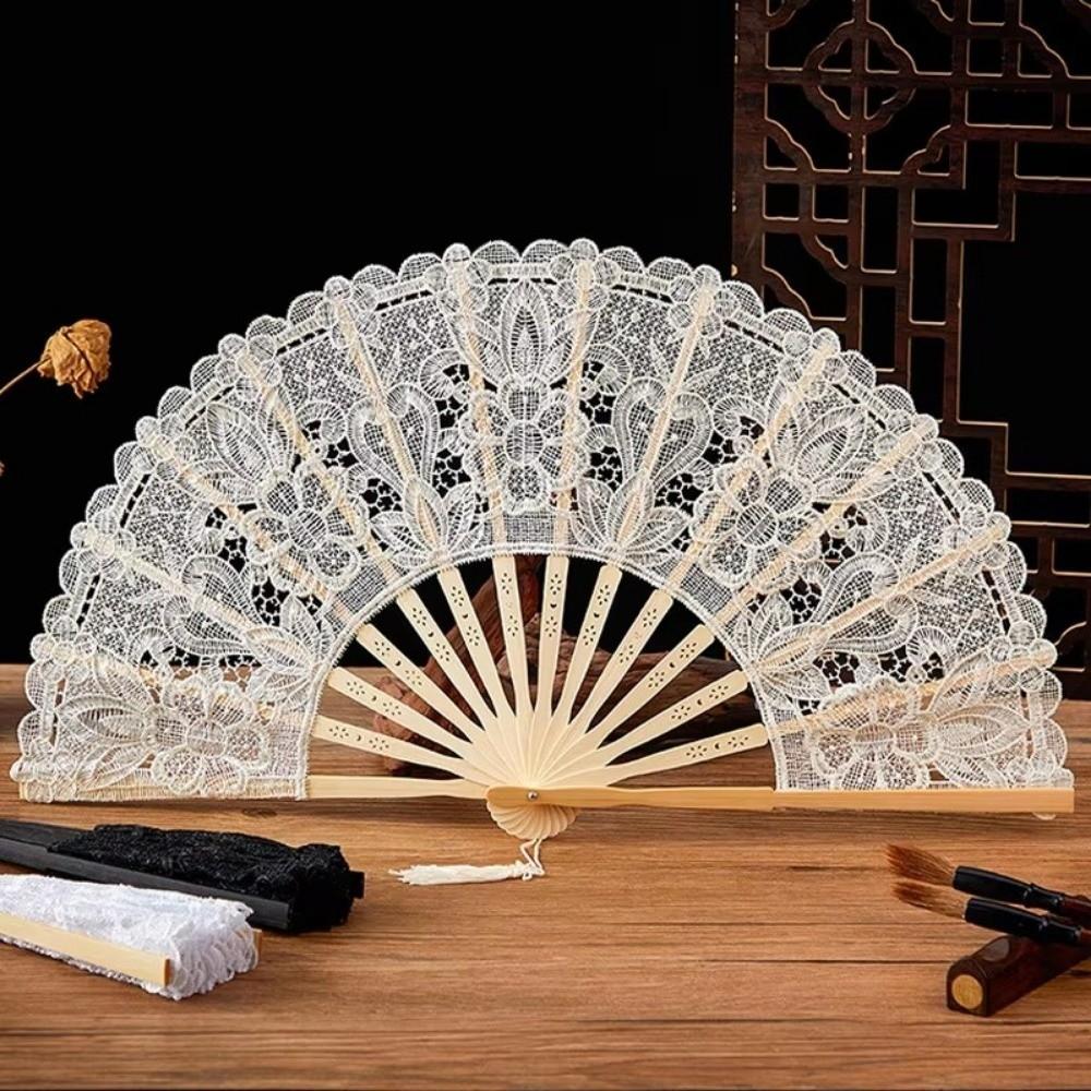 Hollow Ribs Embroidered Folding Fan Tassel Pendant Dance Handheld  Fan  Dance Performance