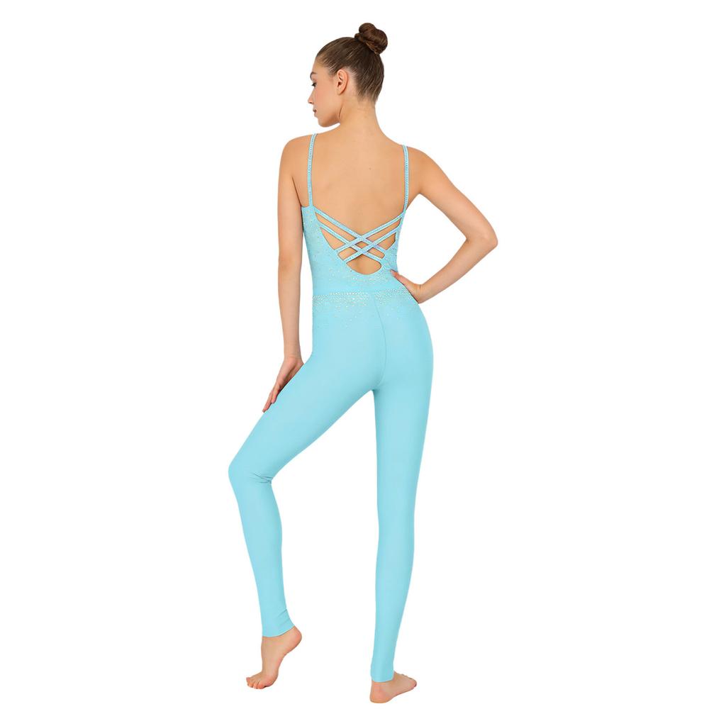 Tuta da ginnastica da donna asimmetrica sulle spalle con schiena scoperta e cinturini, pantaloni lunghi con strass