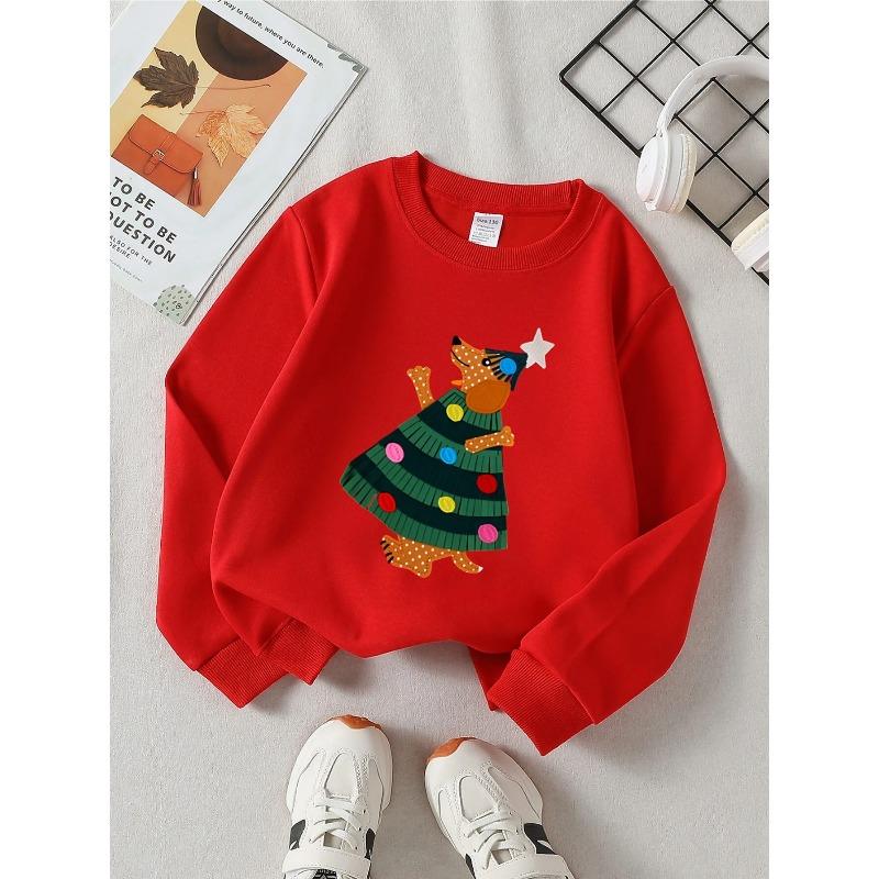 Europäische Größen Rundhals-Sweatshirt für Mädchen mit gepunktetem Hund & Weihnachtsbaum, Weiche bequeme Sportbekleidung & Freizeitkleidung für Kinder & Jugendliche