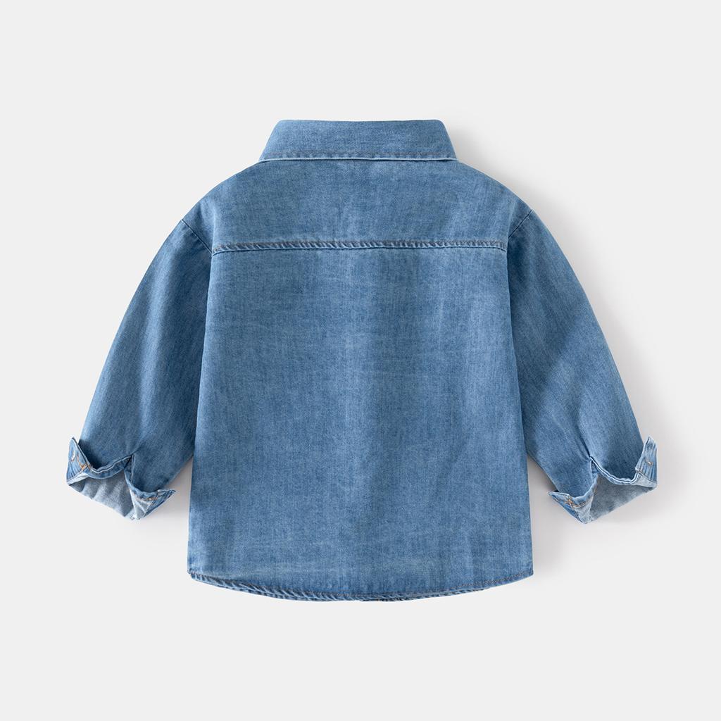 Camisa de Mezclilla para Niños Manga Larga Algodón Lavado Informal Botones Arriba Top de Primavera para Niños