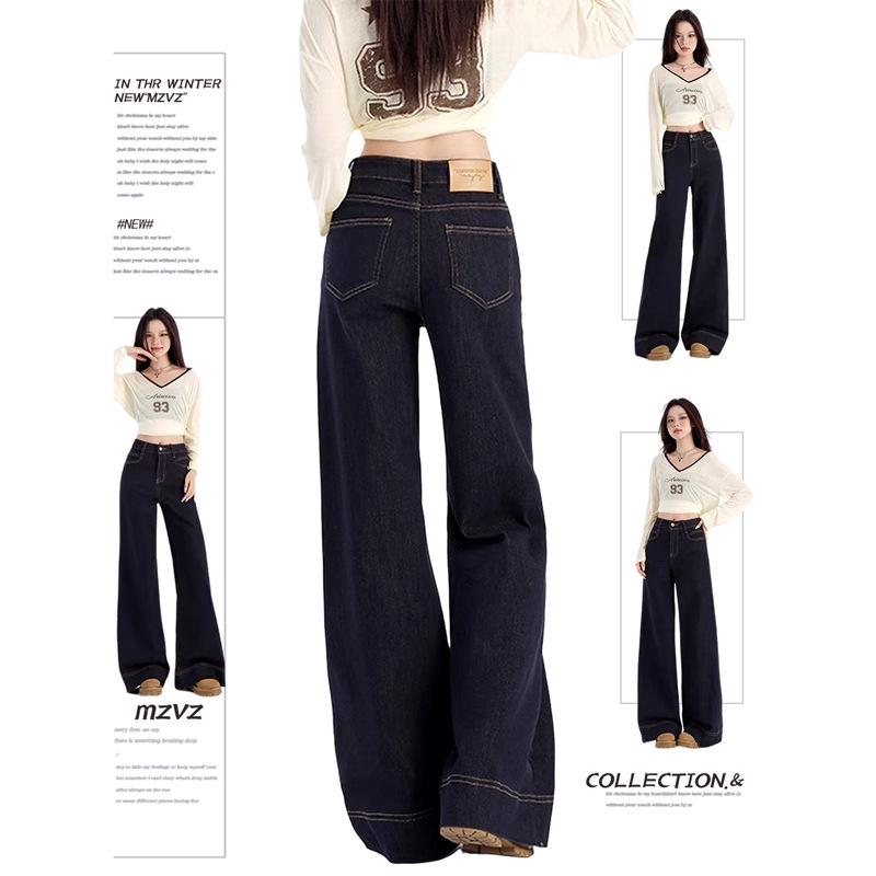Winter High-Waisted Dark Blue Plus Size Wide-Leg Jeans for Petite Women L темно-синий