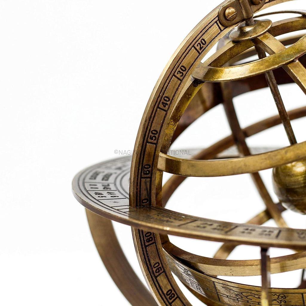 Antique Vintage Zodiac Armillary Brass Sphere Wooden Display Pirate's Ship Decor Globe (Large)