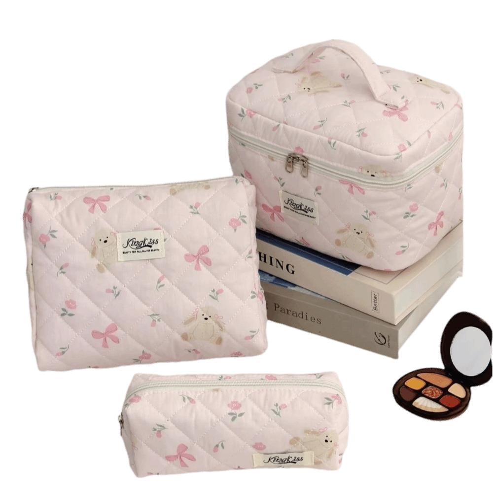 Fashion Bow Women Makeup Bag Large Capacity Multifunctional Cotton Quilted Zipper Bag Toiletries Handbag