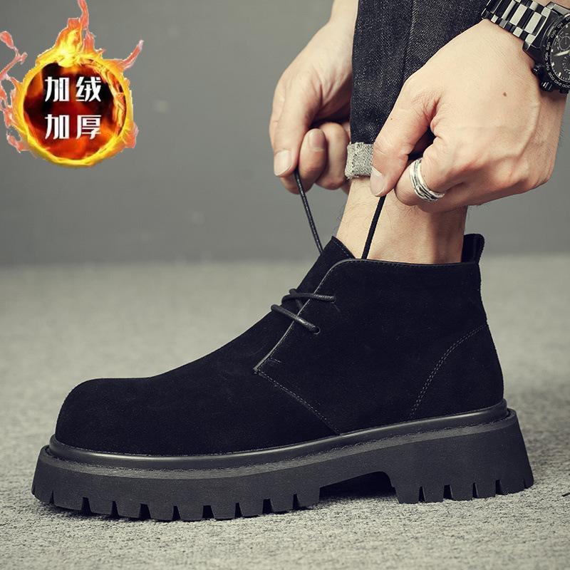 High-top leather shoes men's 2025 autumn new retro thick-soled heightened fur Martin boots genuine leather medium-top short boots