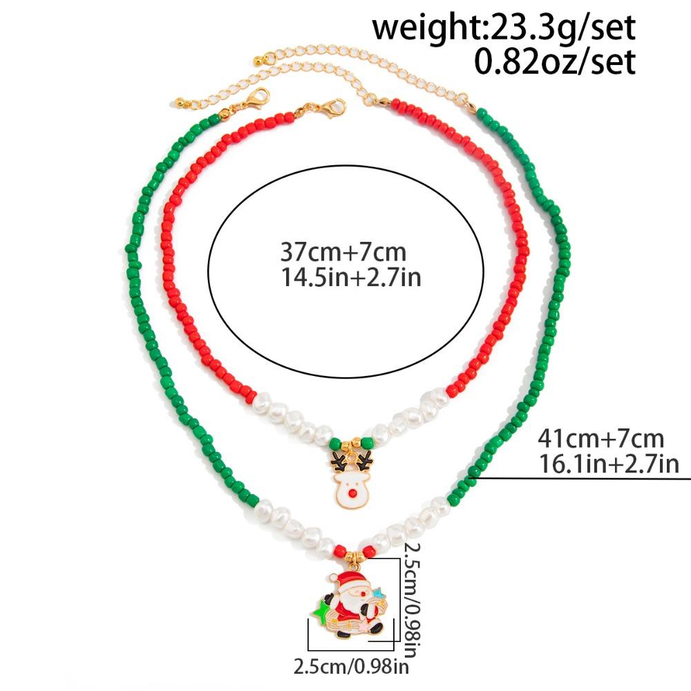 2pcs Set Trendy Cartoon Santa Claus Elk Christmas Tree Pendant Imitation Pearl Beaded Fold Wear Necklace Women Jewelry Set Gift