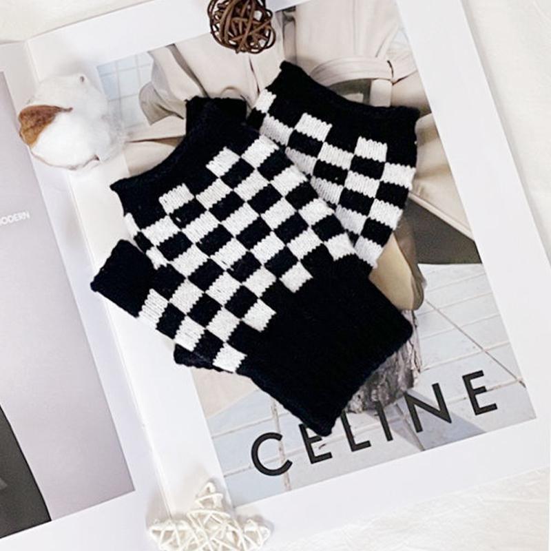 Warm Gloves Knitted Half-finger Plaid Cold-proof Gloves for Women Winter