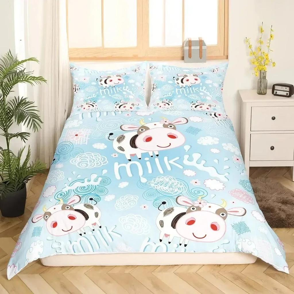 Top Milk Cow Duvet Cover King Queen Size Cute Cartoon Cows Bedding Set For Kids Farmhouse Rustic Animal Polyester Quilt Cover