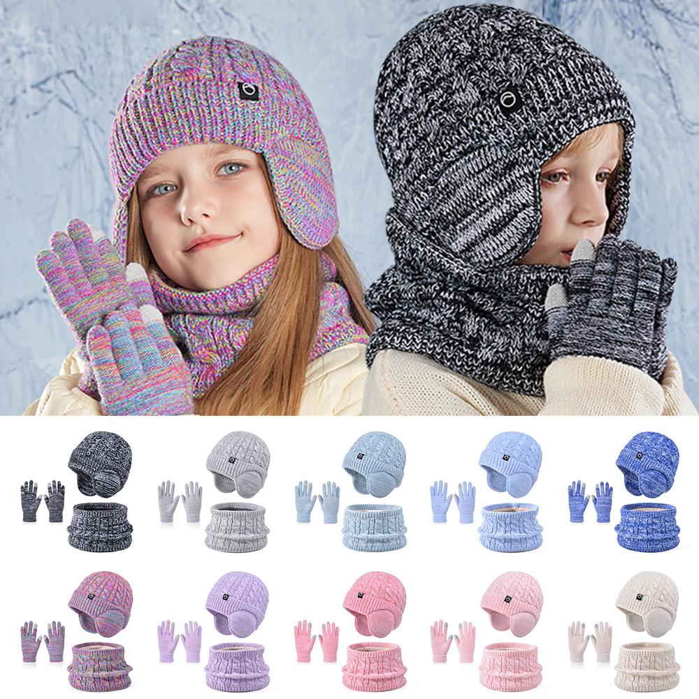 Warm Children's Hat Neck Scarf Gloves Set Fleece Lined Touchscreen Gloves for Boys and Girls