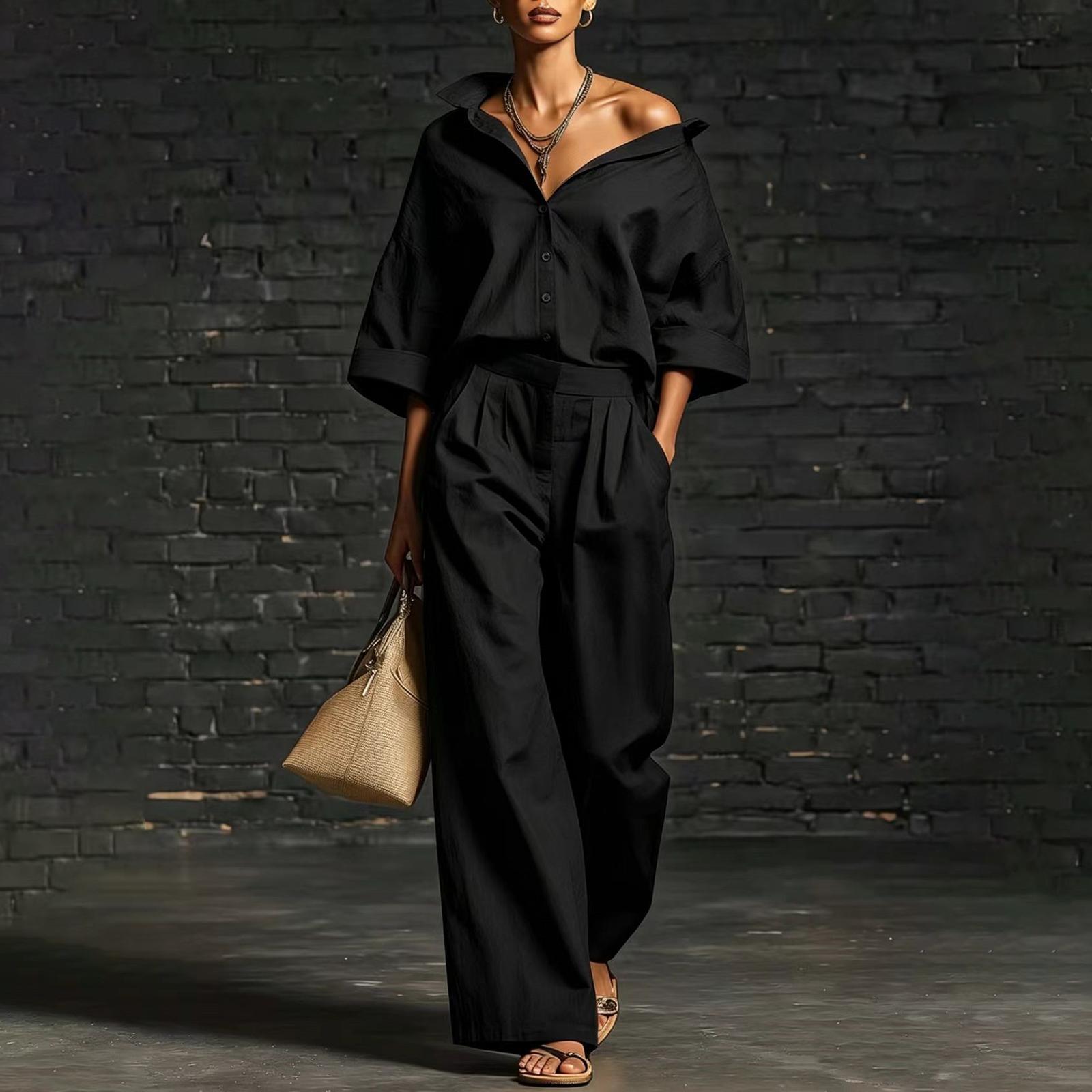 Women s Long Sleeved Shirt And Loose Pants Two-piece Set L
