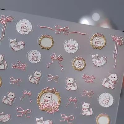 New Grid Relief Rococo Kitten Sweet Bow Japanese Cute Cartoon Waterproof Nail Sticker