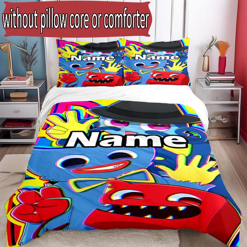 Juego de funda nórdica de 3 piezas (1 funda de edredón + 2 fundas de almohada, sin núcleo), Juego de Ropa de Cama con Patrón de Huggy Wuggy y Nombre Personalizado, Regalo de Decoración para Dormitorio del Hogar