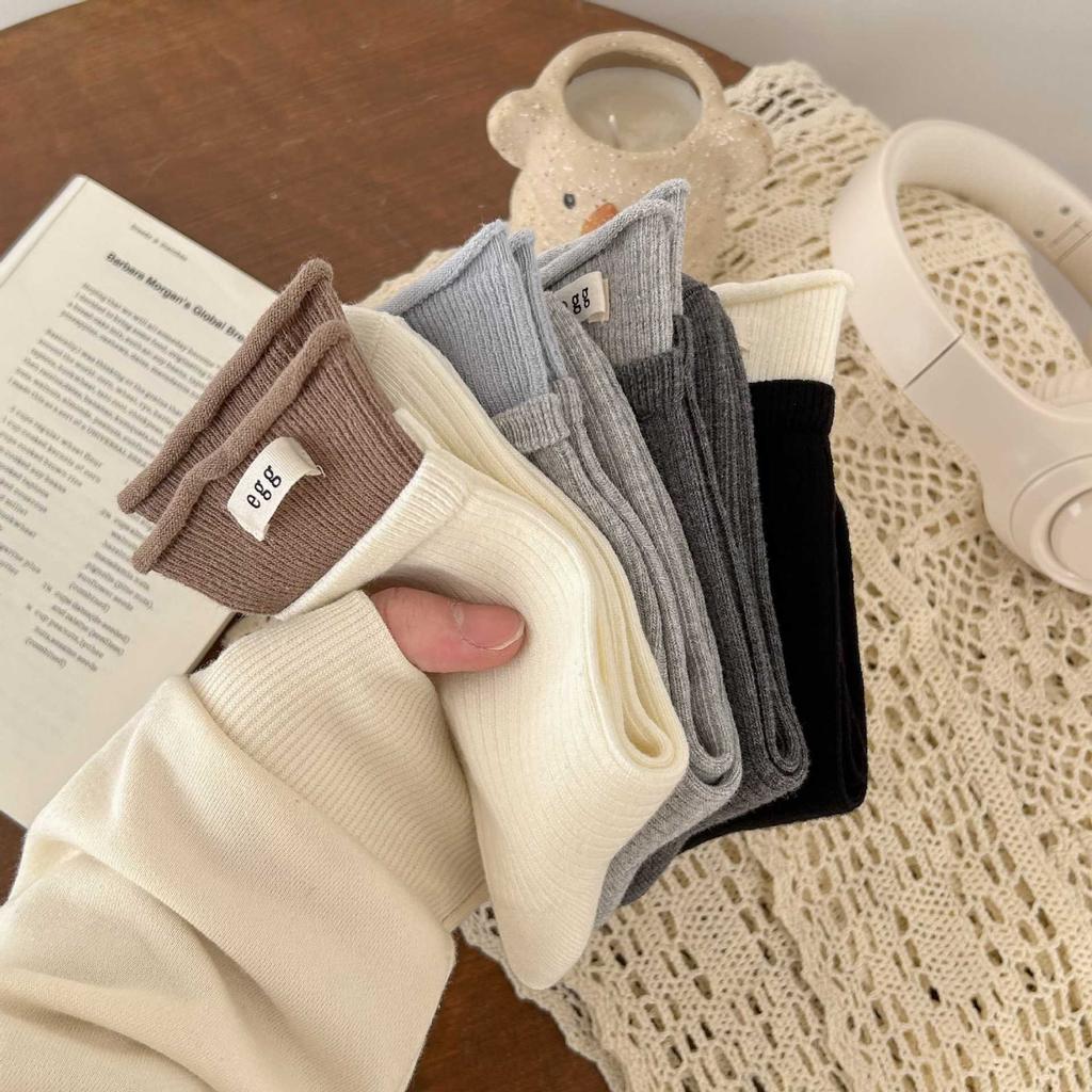 Dubbel Luo Mun Äggtyg Etikettstrumpor Flickor Koreansk Stil Personlighet Kontrastfärg Mellanhöga Strumpor Strumpor Bomullsfrottéstrumpor