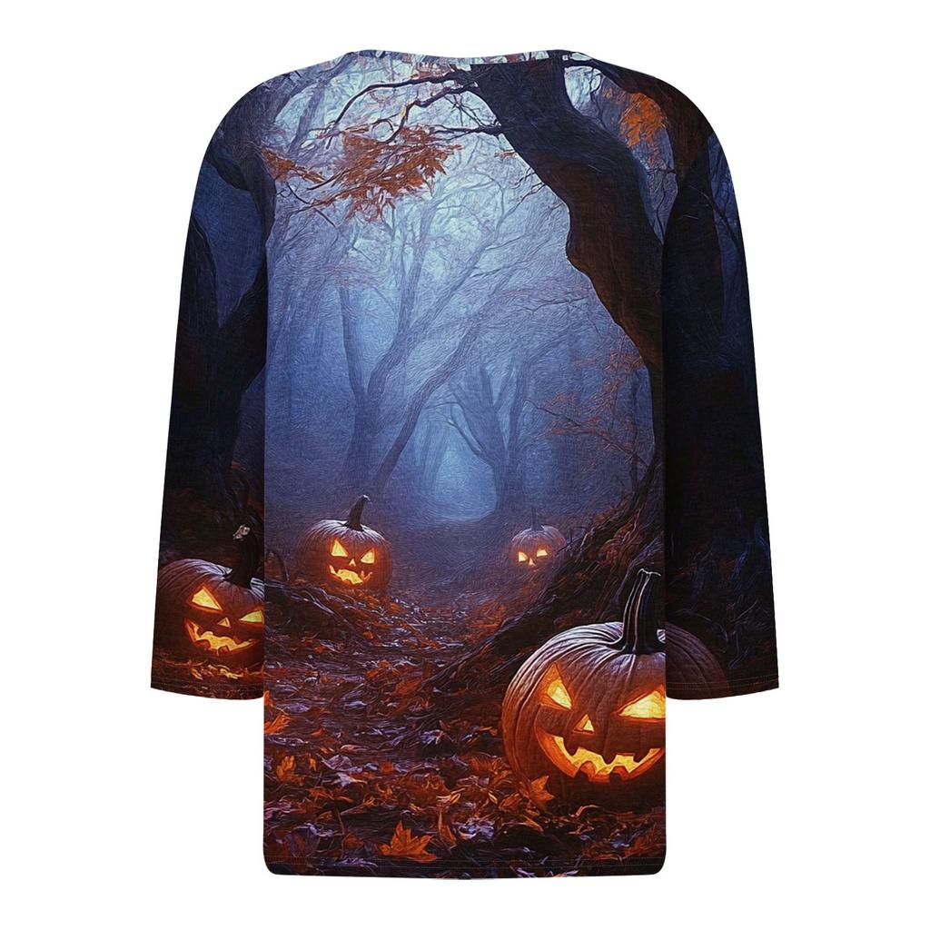 Damen Lässige Mode V-Ausschnitt Locker Vielseitig Halloween-Print Dreiviertelarm Oberteil