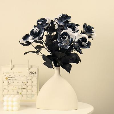 5Pcs Halloween Artificial Black Rose with Leaves Gothic Realistic Fake Silk Flower Festival Party Home Office Table Centerpiece Faux Floral