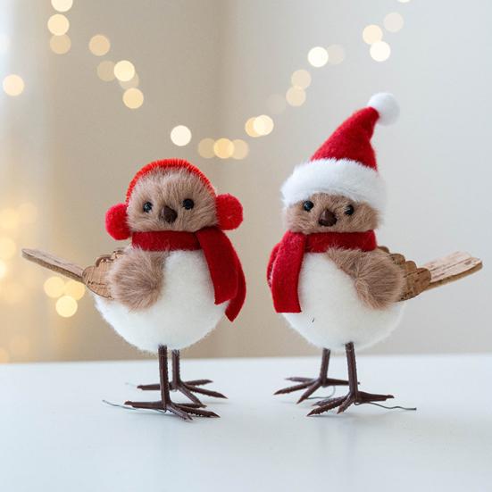 3 Stück Weihnachts-Vogelfigur Fellige Künstliche Vögel Ornamente Winter Plüsch Schaumvogel mit Schal für Feiertags-Heimküchen-Kaminsims-Schreibtisch-Weihnachtsbaum-Dekor