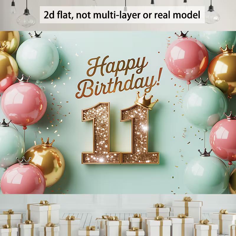 2D 11th Birthday Party Backdrop, Pink Mint Gold Balloon with Crown Background for Photo Booth
