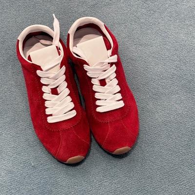 Cowhide Version~ Niche Leather Flat Bottom Round Head Red Forrest Gump Shoes Women's Lace-up Versatile German Training Shoes Board Shoes Casual Shoes