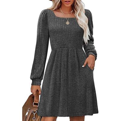 Womens  Square Neck Long Sleeve Dress Casual Cute  Knit Dress With Pockets
