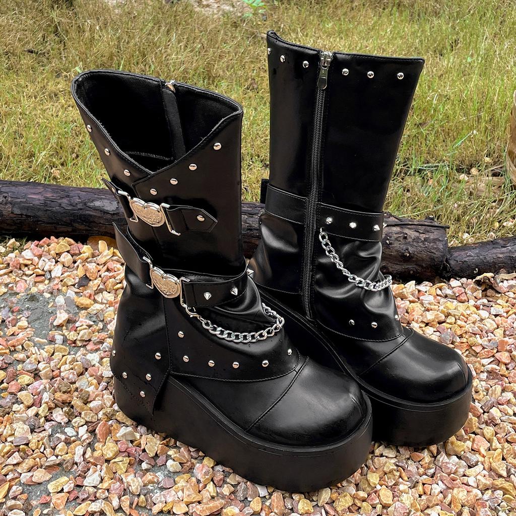 Queen Fan Black British style platform knight boots women's 2025 new summer versatile heightening soft-soled boots