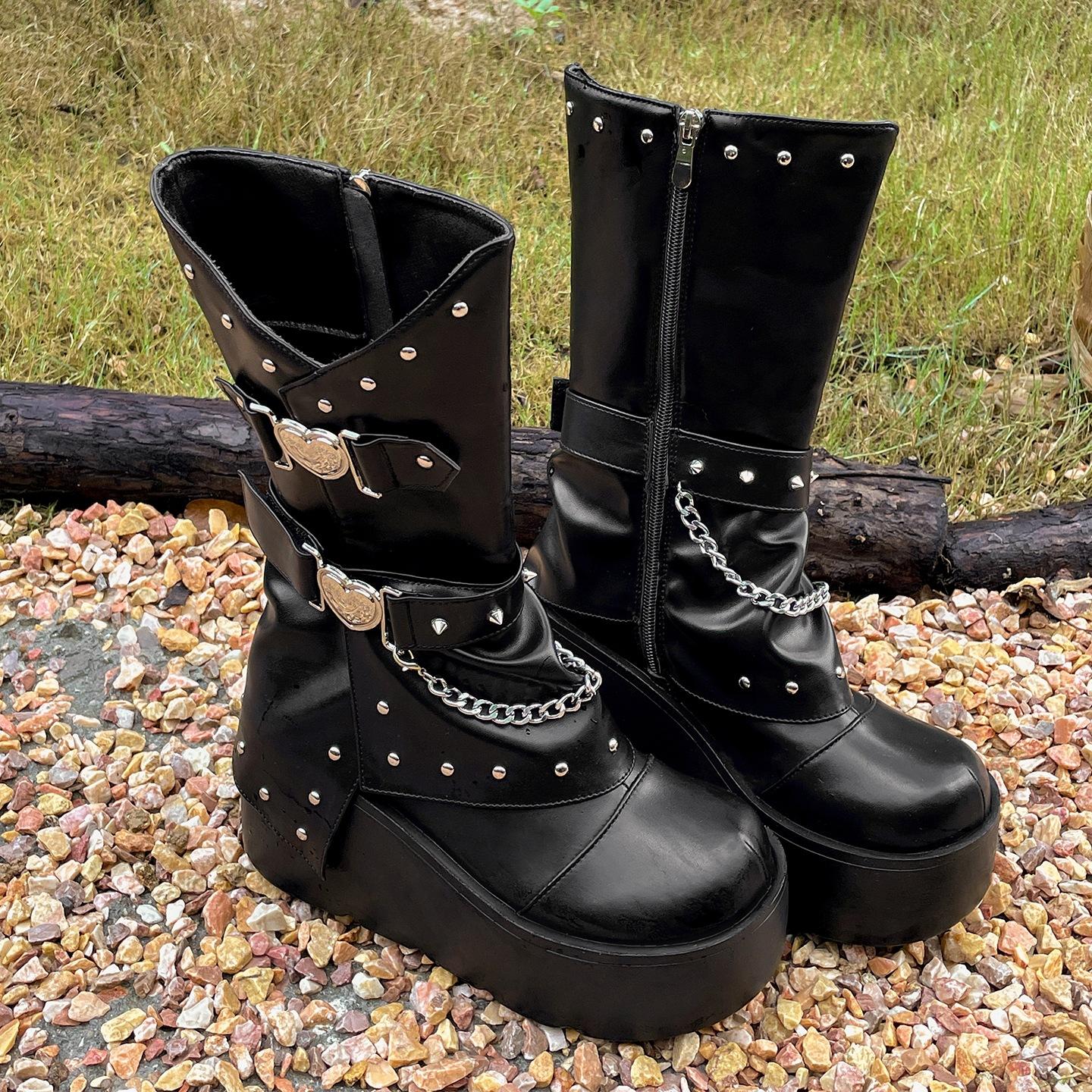 

Queen Fan Black British style platform knight boots women s 2025 new summer versatile heightening soft-soled boots 42