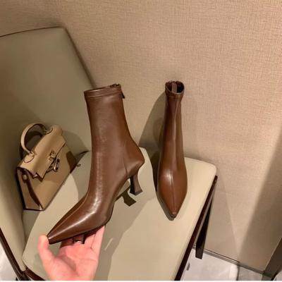 Fashion 2024 Women Ankle Boots Genuine Leather Office Lady Shoes Woman Pointed Toe Thin High Heels Autumn Stretch Size 35-39