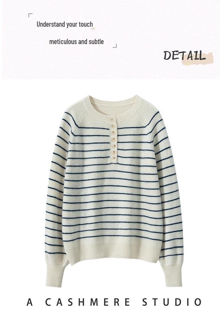Women's Striped Cashmere Round Neck Button-Up Sweater - Long Sleeve Wool Knitwear for Autumn/Winter