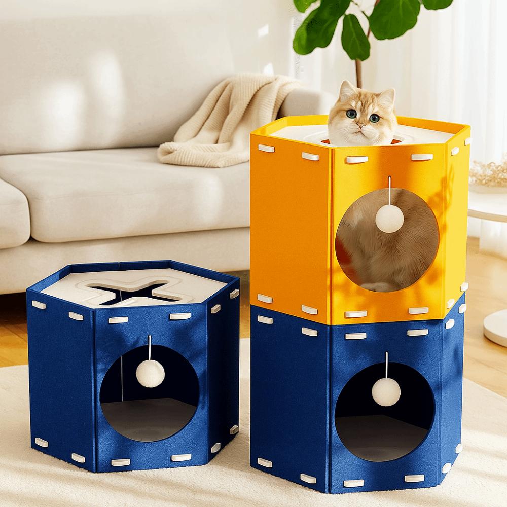 Japanese Style All-in-one Cat House Hole Design Stackable Cat Castle House Sturdy Hexagon Cat Condo Four Seasons