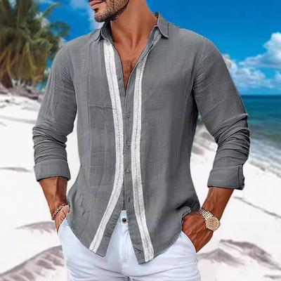 Camisa de Praia Masculina de Linho de Verão com Botões Manga Longa Gola Lisa Casual Primavera/Verão Top para o Dia a Dia