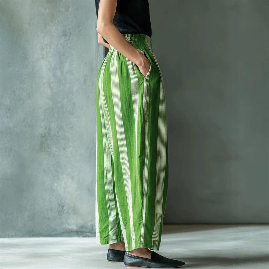 Women Striped Linen Wide Leg Pants High Waist Pleated Loose Trousers Casual Bohemian Harem Pants