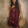 women's Solid Color Asymmetric One Shoulder Linen Texture Loose Pocket Short Mini Vacation Dress