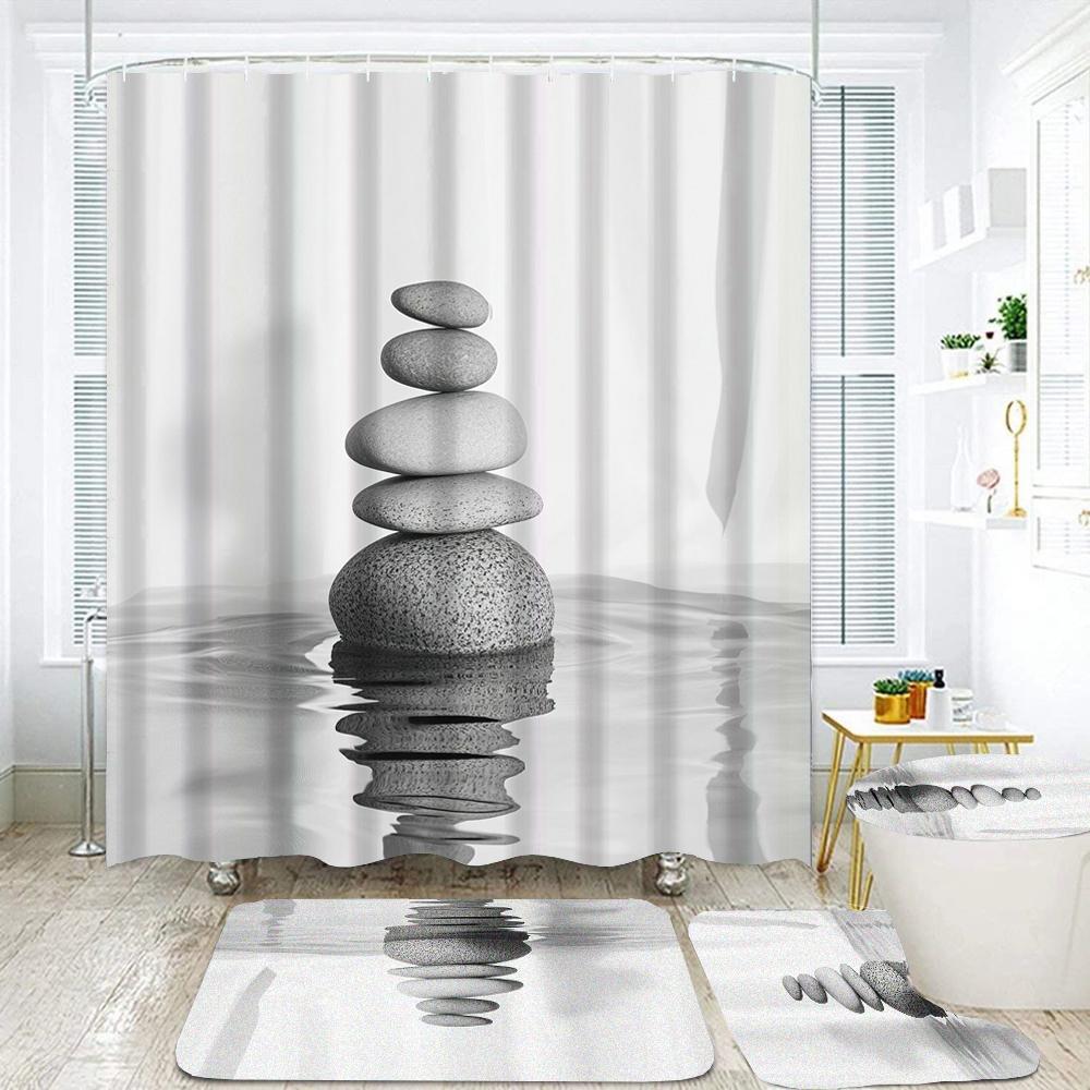 

Flowers Zen Stone Shower Curtain Sets With Non-Slip Rugs Toilet Lid Cover And Bath Mat Waterproof Bathroom Curtains Home Decor W60H190(CM)-1 Pcs