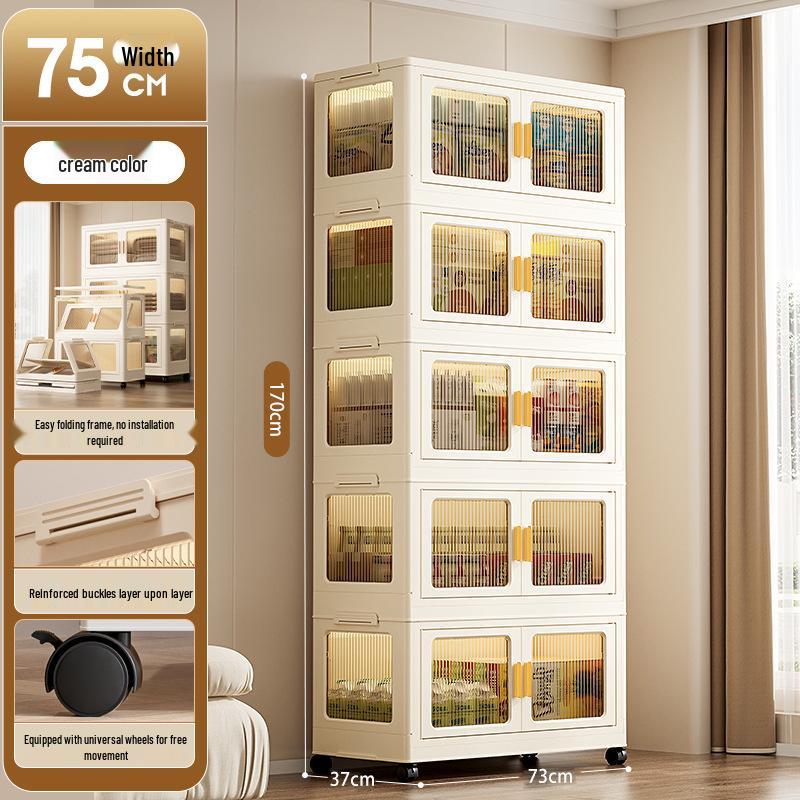 Movable Multi-Layer Folding Storage Cabinet: No-Installation Plastic Organizer for Bedroom and Living Room
