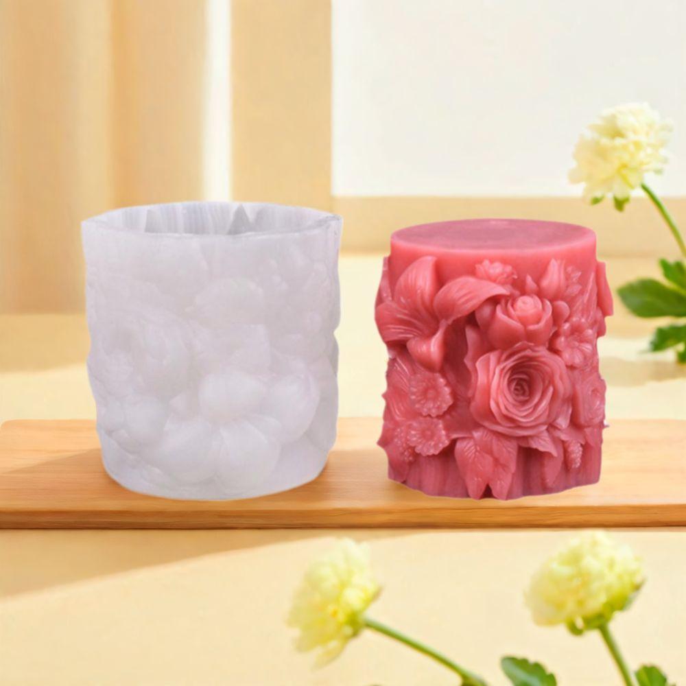 Flower Relief Flowers Cylinder Candle Mold Rose Resin Mold Cylindrical Candle Mould  Candle Making