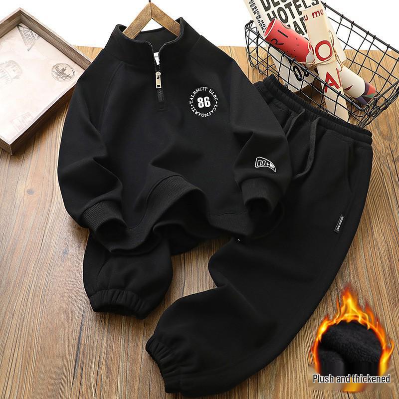 Chlapecká trendy fleecová sportovní souprava - Podzim/Zima 2025: Silná Teplá Dvoudílná Mikina a Tepláky