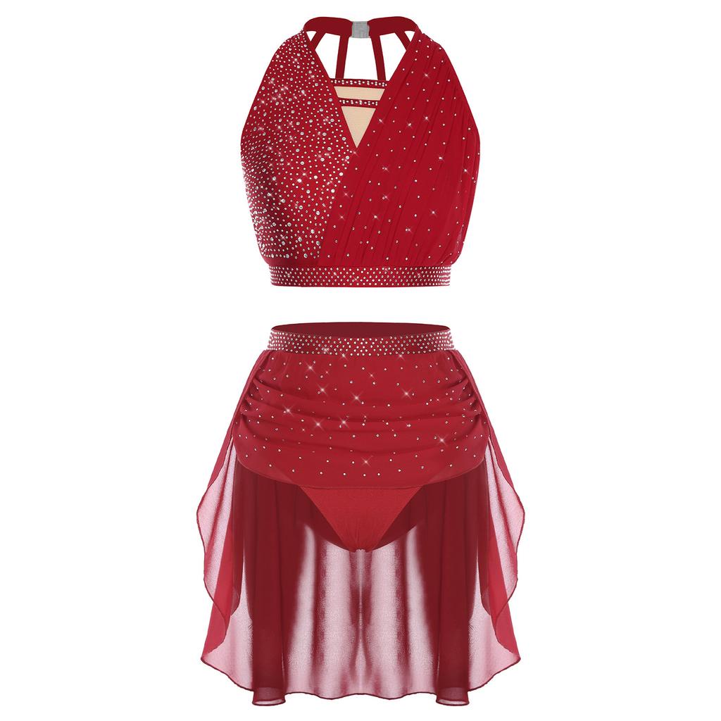 Womens Worship Dance Costume Long Sleeve Design Asymmetrical Hem Dress Contrast Color Wide Leg Pants Set