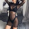 Fashion Ladies Sexy See Through Bodysuit Dress Womens Long Sleeve Dress Casual Clubwear Sexy Party Night Club Mini Dress Plus Size