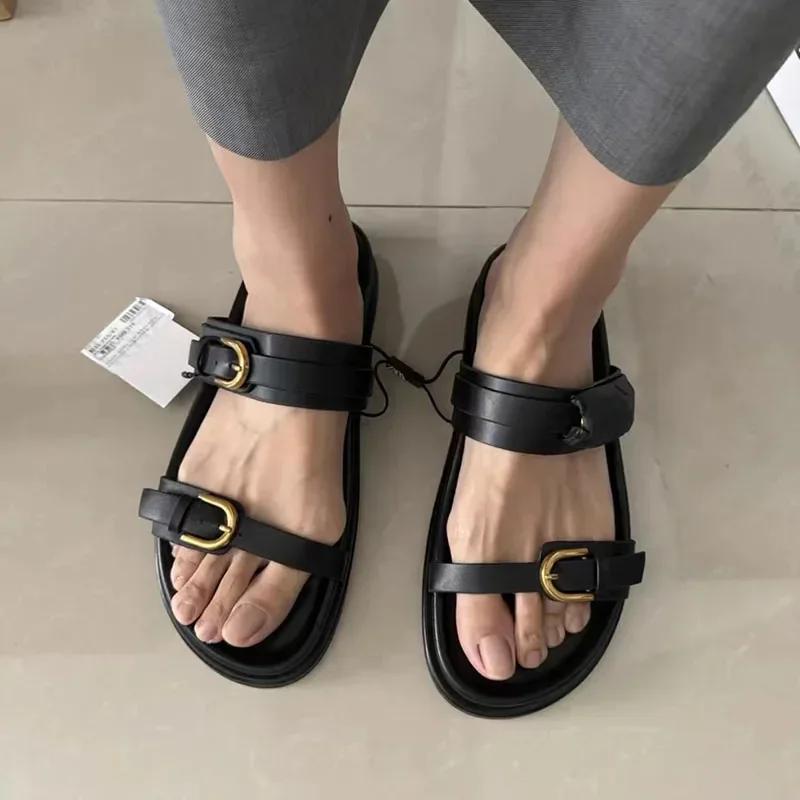 Summer Beach Slippers for Woman Casual Outdoor Black Buckled Strap Female Flat Shoes Soft PU Leather Chic Ladies Slides