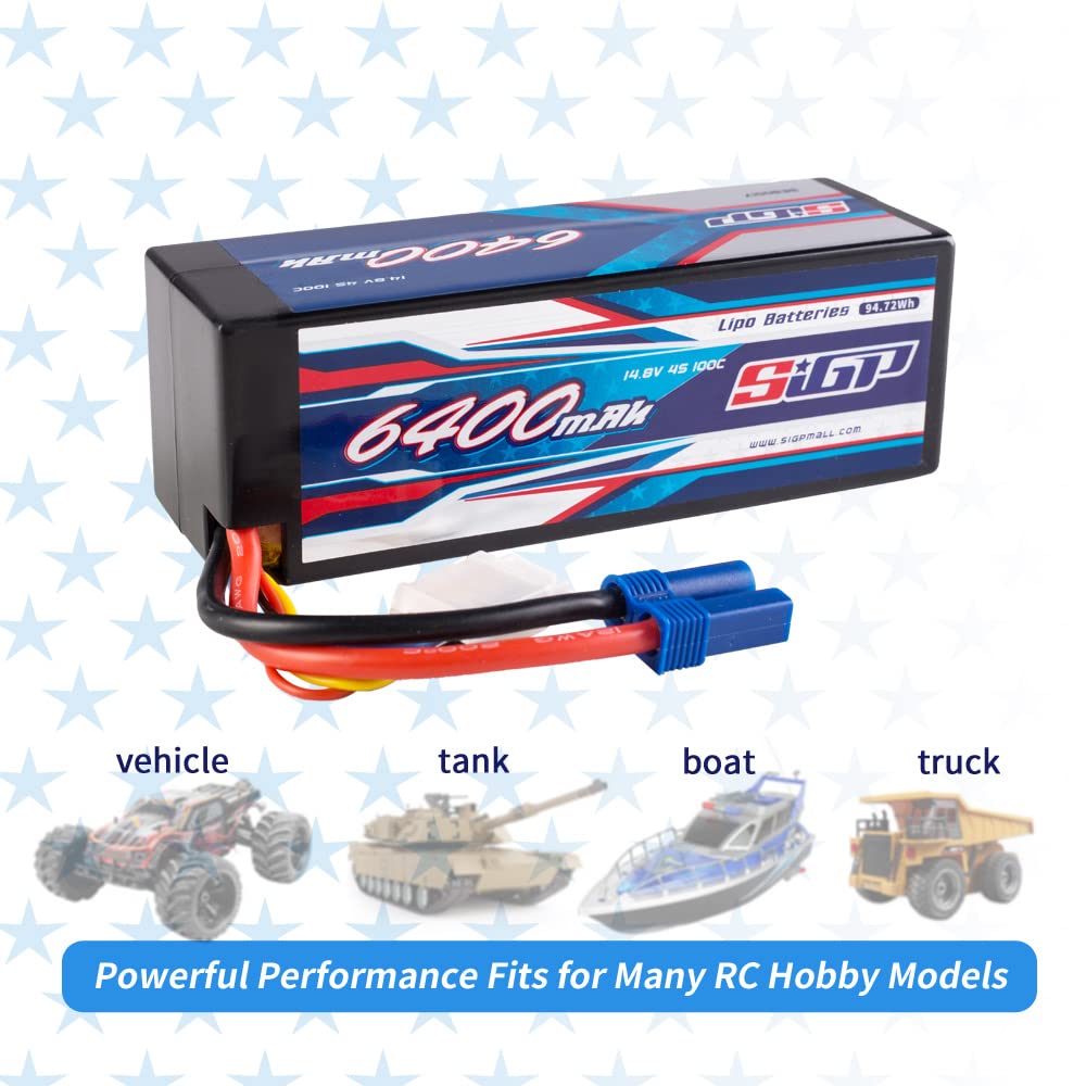 SIGP 4S 14.8V 6400mAh LiPo 100C EC5 Plug Hard Pack Battery for RC Drones, RC Trucks, RC Truggys, RC Models, FPV Racing, Two Packages