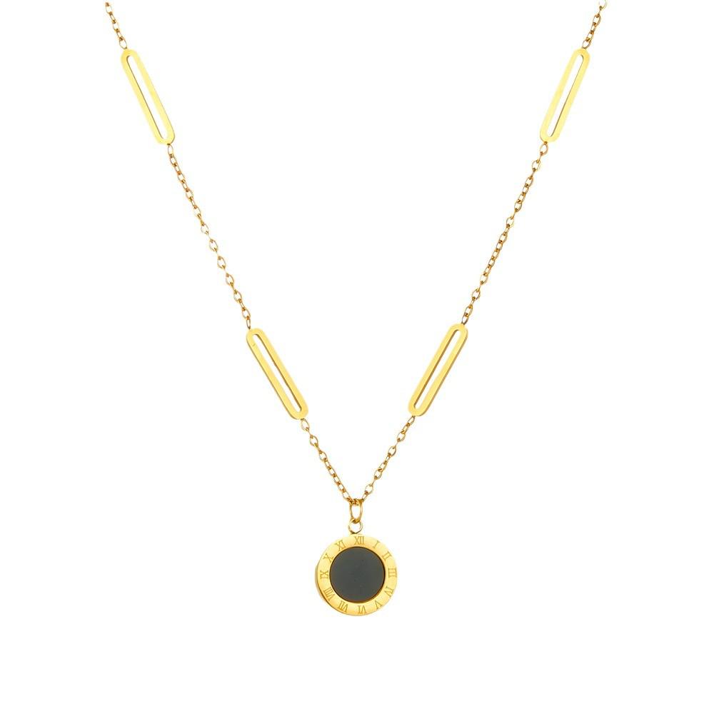 Roman Numeral Pendant Women's Titanium Steel Necklace, Double-Sided Clavicle Chain in Black & White.