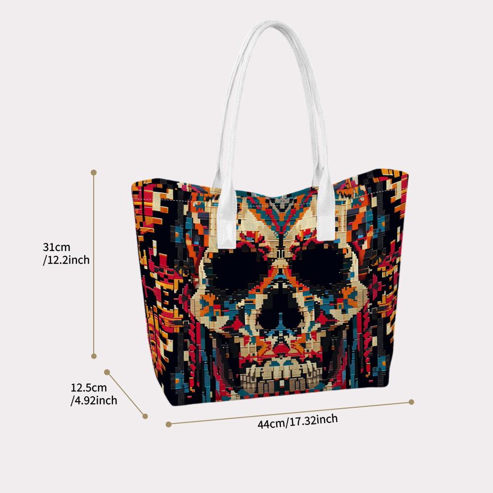 Pixel Skull Pattern Tote Bag Street Style Trendy Women's Shopping Shoulder Bag